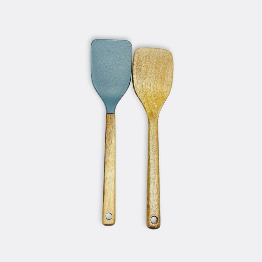 Figmint 2pc Silicone Acacia Kitchen Utensil Set Blue Green Wood NEW WITHOUT BOX